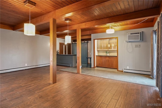 722 College Ter, Niagara Falls, NY 14305 - unfurnished room featuring a wood ceiling with exposed beams, a wall mounted air conditioner, a baseboard radiator, and wood finished floors