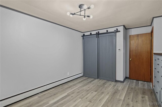 722 College Ter, Niagara Falls, NY 14305 - unfurnished bedroom with baseboard heating, a barn door, light wood-style flooring, a chandelier, and crown molding
