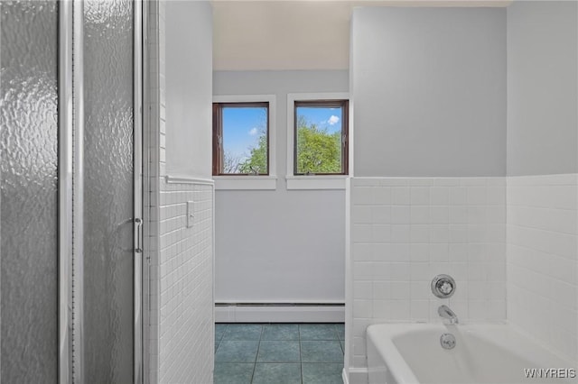 722 College Ter, Niagara Falls, NY 14305 - full bathroom featuring baseboard heating, tile patterned flooring, a bath, and a shower stall