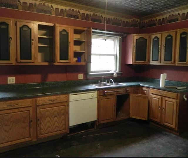 8 Ithaca St, Barton, NY 14892 - kitchen featuring dishwasher, open shelves, an ornate ceiling, dark countertops, and glass insert cabinets