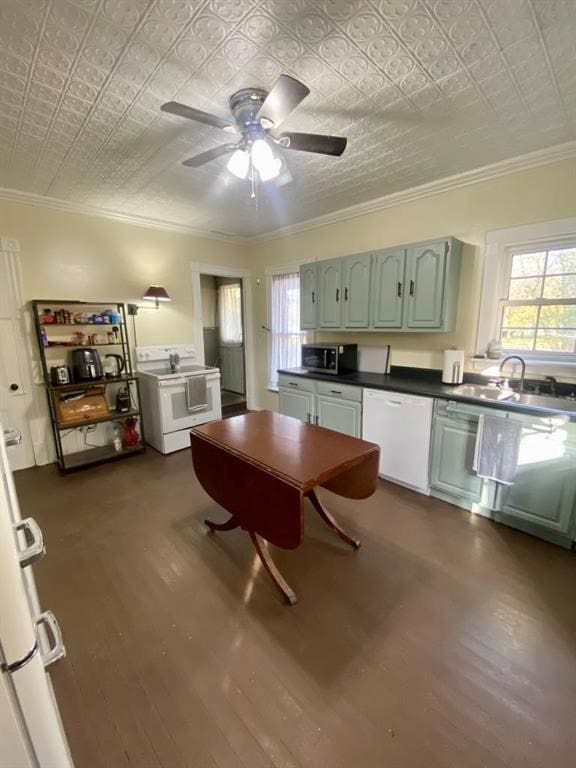 8 Ithaca St, Barton, NY 14892 - kitchen with white appliances, healthy amount of natural light, an ornate ceiling, crown molding, and ceiling fan