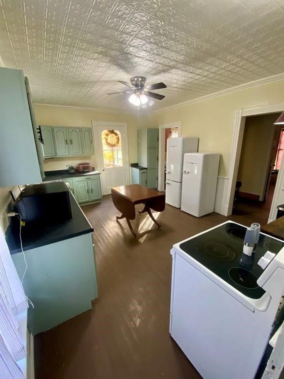 8 Ithaca St, Barton, NY 14892 - kitchen with electric range, refrigerator, ornamental molding, a ceiling fan, and an ornate ceiling