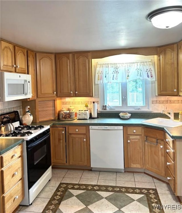 80 Jeffrey Dr, Amherst, NY 14228 - kitchen with white appliances, tasteful backsplash, dark countertops, light tile patterned flooring, and brown cabinets