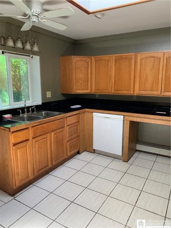749-753 W Main, Ellington, NY 14732 - kitchen featuring white dishwasher, light tile patterned floors, dark countertops, and a ceiling fan