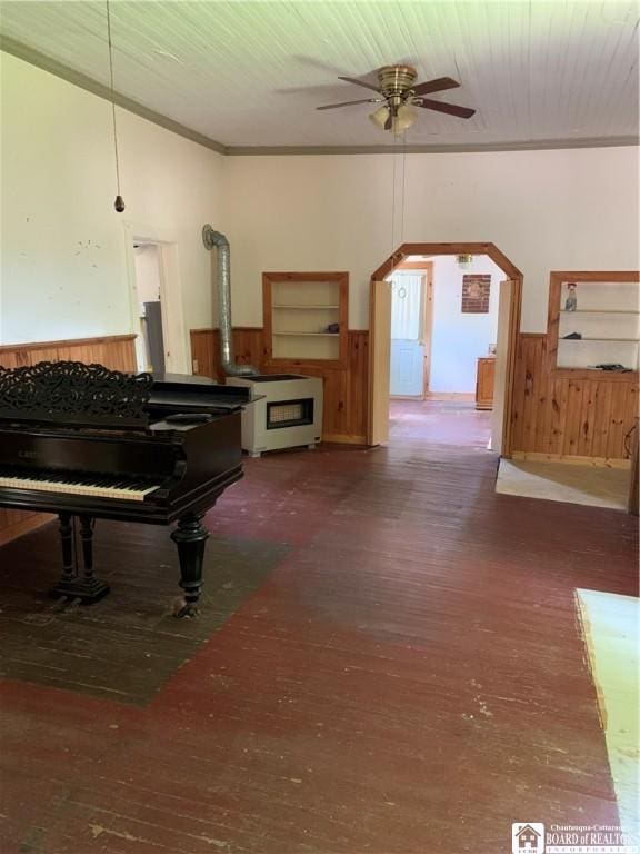 749-753 W Main, Ellington, NY 14732 - sitting room featuring wainscoting, ceiling fan, hardwood / wood-style flooring, wooden walls, and ornamental molding