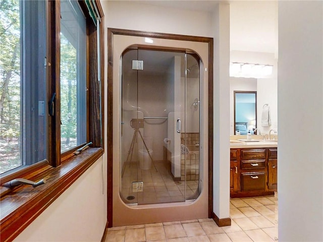 2657 Spencer Hill Rd, Corning, NY 14830 - bathroom featuring vanity, a stall shower, and tile patterned flooring