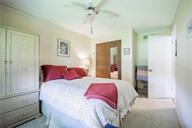 22 Red Leaf Dr, Chili, NY 14624 - bedroom featuring light colored carpet, crown molding, and a ceiling fan
