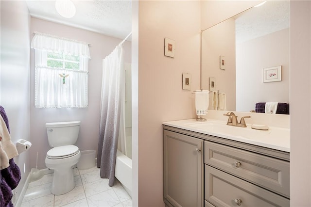 22 Red Leaf Dr, Chili, NY 14624 - bathroom with marble look tiles, vanity, shower / tub combo with curtain, and a textured ceiling