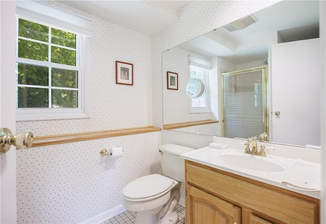 22 Red Leaf Dr, Chili, NY 14624 - bathroom with wallpapered walls, plenty of natural light, vanity, a stall shower, and tile patterned flooring