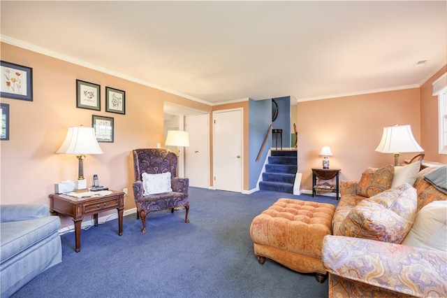 22 Red Leaf Dr, Chili, NY 14624 - carpeted living room featuring ornamental molding and stairs