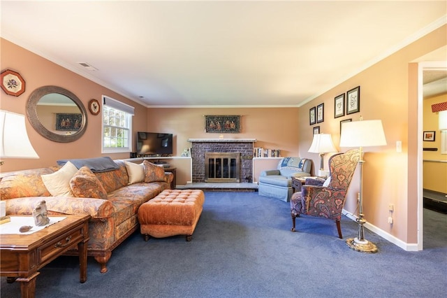 22 Red Leaf Dr, Chili, NY 14624 - living area featuring carpet flooring, crown molding, and a fireplace