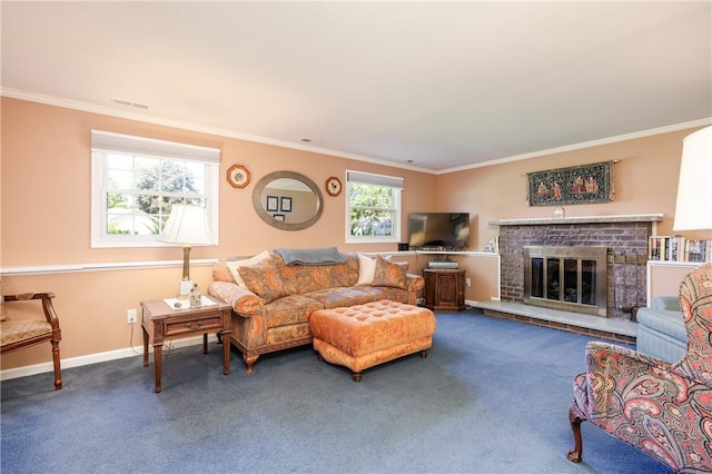 22 Red Leaf Dr, Chili, NY 14624 - carpeted living room with ornamental molding and a fireplace