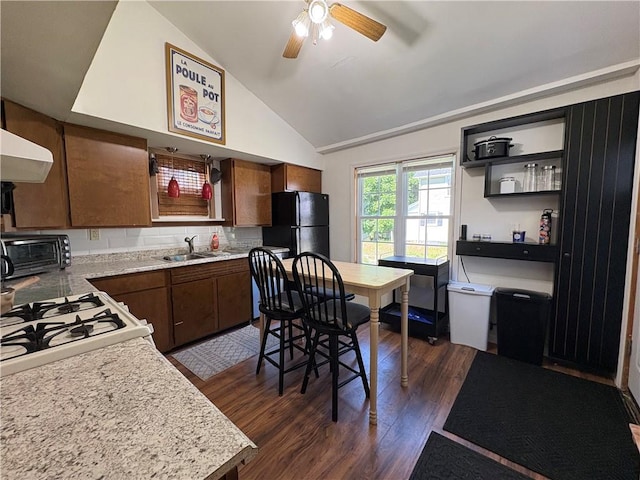 7 E St, Oneonta, NY 13820 - kitchen with freestanding refrigerator, light countertops, dark wood finished floors, open shelves, and lofted ceiling