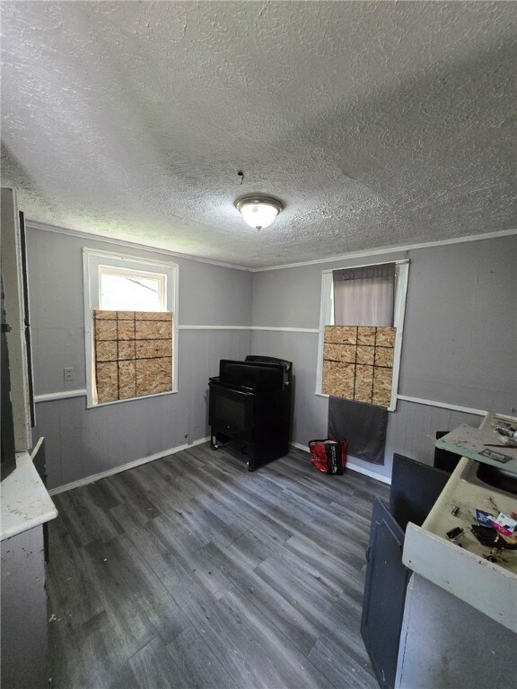 3 Kenmore St, Rochester, NY 14611 - living room featuring wood finished floors, a textured ceiling, a wood stove, and a wainscoted wall
