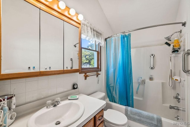 701 Walker Dr, Lewiston, NY 14092 - bathroom featuring backsplash, shower / bath combination with curtain, vanity, and vaulted ceiling