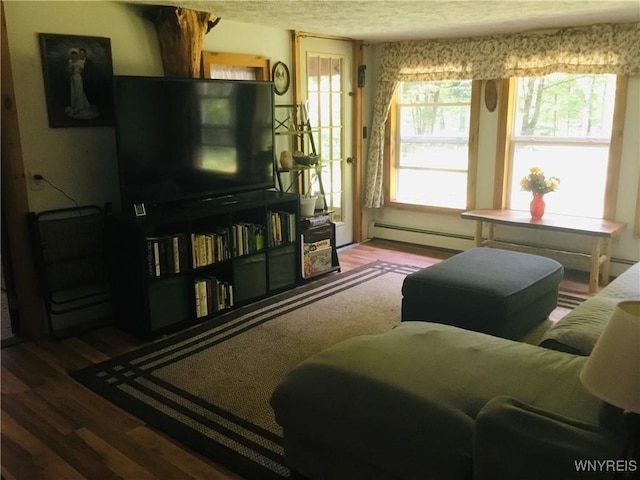9512 Stillwater Rd, Watson, NY 13367 - living room featuring a baseboard radiator, wood finished floors, and a textured ceiling