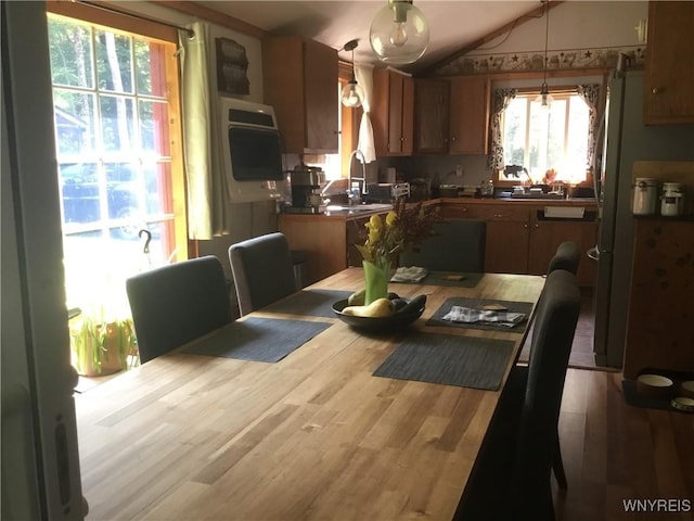 9512 Stillwater Rd, Watson, NY 13367 - kitchen with vaulted ceiling, pendant lighting, dark countertops, wood finished floors, and freestanding refrigerator