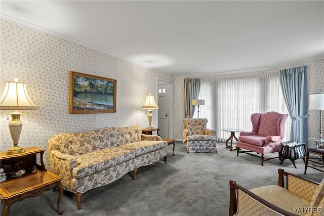 194 Woodridge Ave, Cheektowaga, NY 14225 - living room featuring wallpapered walls, carpet, and crown molding