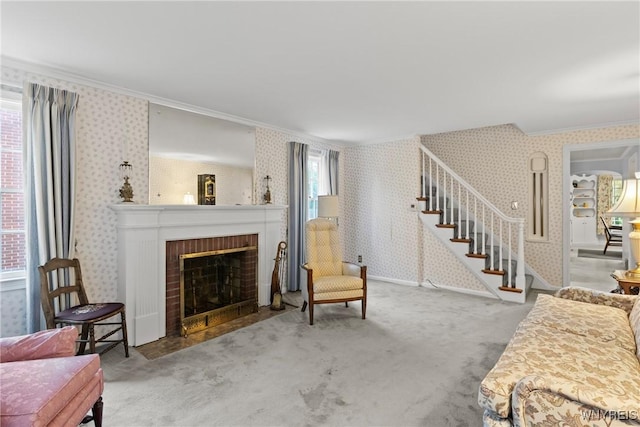 194 Woodridge Ave, Cheektowaga, NY 14225 - living area with crown molding, wallpapered walls, a brick fireplace, and stairway
