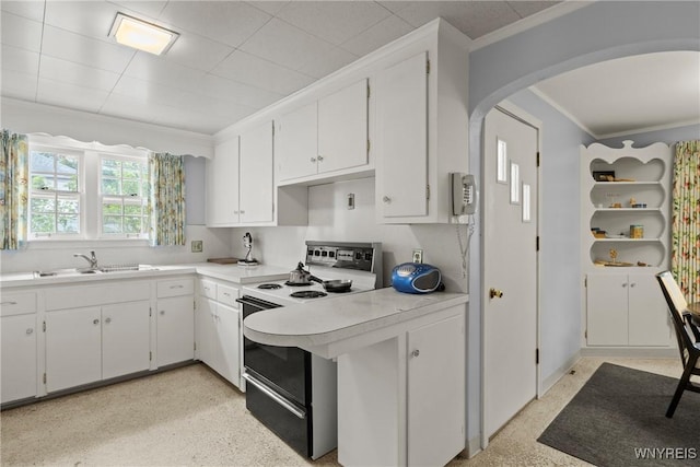 194 Woodridge Ave, Cheektowaga, NY 14225 - kitchen with black electric range, crown molding, arched walkways, white cabinetry, and light countertops