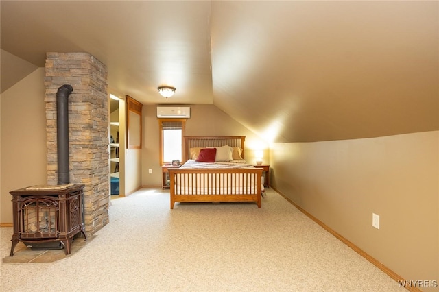 368 Cayuga Creek Rd, Cheektowaga, NY 14227 - carpeted bedroom with a wood stove, lofted ceiling, and a wall mounted AC