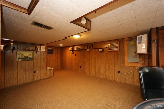368 Cayuga Creek Rd, Cheektowaga, NY 14227 - finished basement featuring carpet flooring, electric panel, and wood walls
