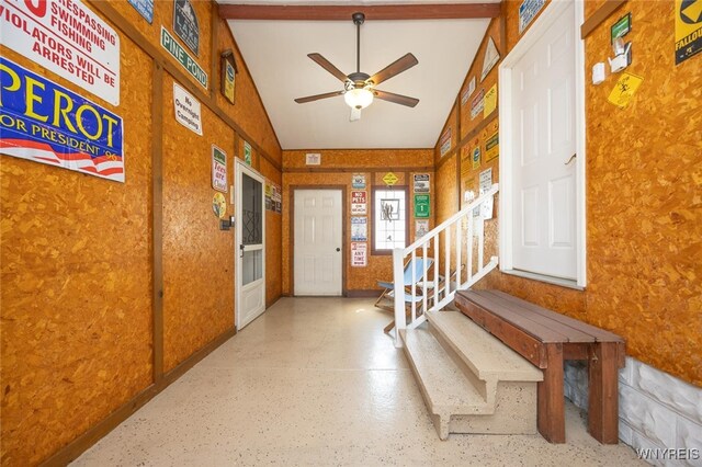 368 Cayuga Creek Rd, Cheektowaga, NY 14227 - foyer entrance featuring stairs, a ceiling fan, and vaulted ceiling