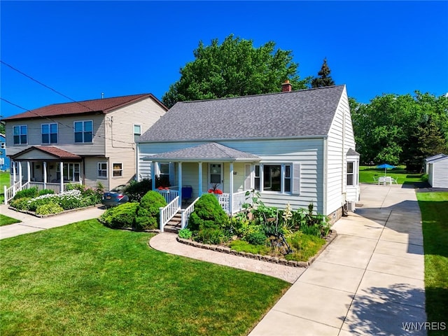 368 Cayuga Creek Rd, Cheektowaga, NY 14227 - view of front of property with a porch, a front yard, a chimney, and a shingled roof