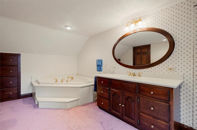 51 State St, Vernon, NY 13421 - bathroom featuring wallpapered walls, vanity, vaulted ceiling, and a bath