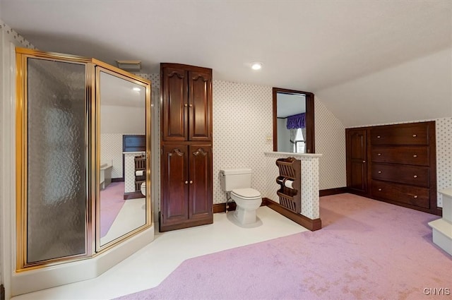 51 State St, Vernon, NY 13421 - full bathroom featuring lofted ceiling, a stall shower, and wallpapered walls