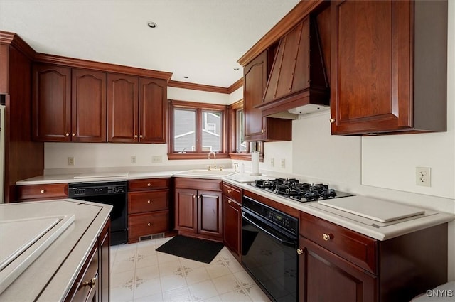 51 State St, Vernon, NY 13421 - kitchen featuring black appliances, custom range hood, crown molding, light countertops, and light flooring