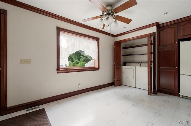 51 State St, Vernon, NY 13421 - unfurnished room featuring washing machine and dryer, light flooring, ceiling fan, and crown molding
