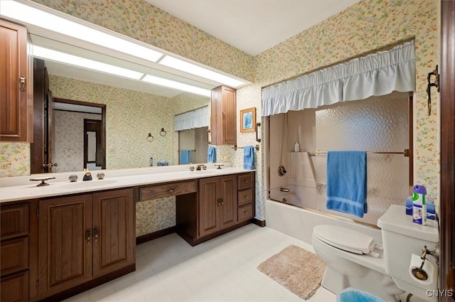 51 State St, Vernon, NY 13421 - full bath featuring wallpapered walls, double vanity, washtub / shower combination, and tile patterned floors