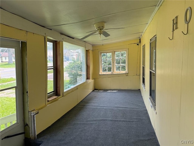 231 N Main St, Oneida, NY 13421 - unfurnished sunroom with ceiling fan, carpet, and wooden walls