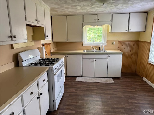 231 N Main St, Oneida, NY 13421 - kitchen with gas range gas stove, dark wood-type flooring, light countertops, wood walls, and a wainscoted wall