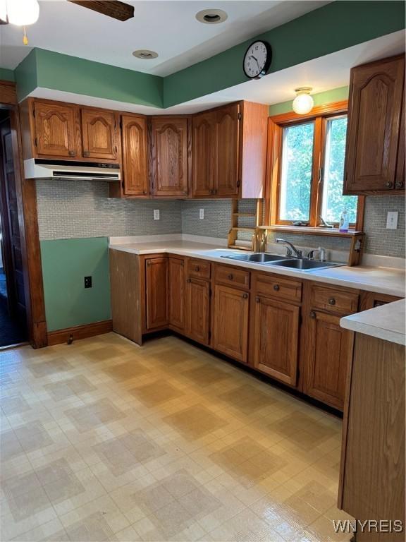 45 Clio Ave, Buffalo, NY 14220 - kitchen with under cabinet range hood, brown cabinets, backsplash, light countertops, and light flooring