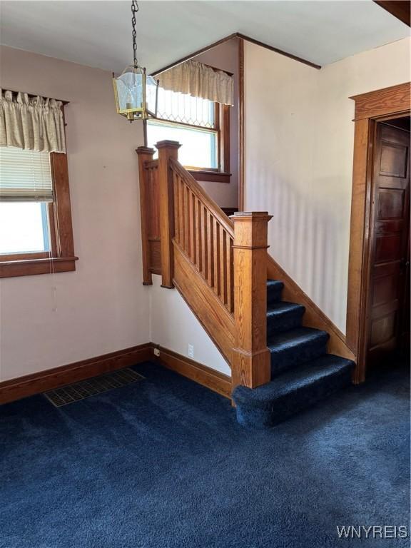 45 Clio Ave, Buffalo, NY 14220 - staircase with carpet and a chandelier