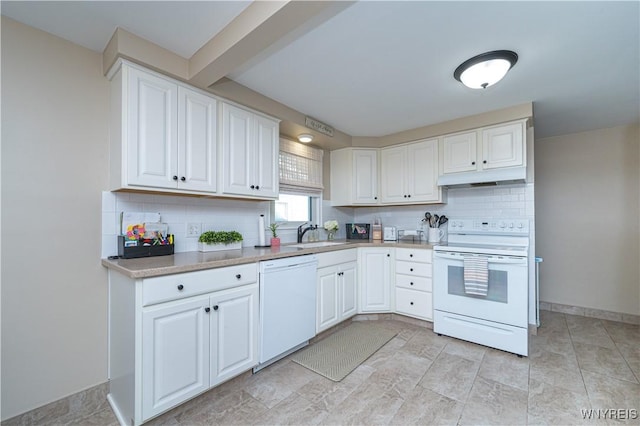 282 N Wrexham Ct, Tonawanda, NY 14150 - kitchen featuring white appliances, backsplash, under cabinet range hood, white cabinets, and light countertops