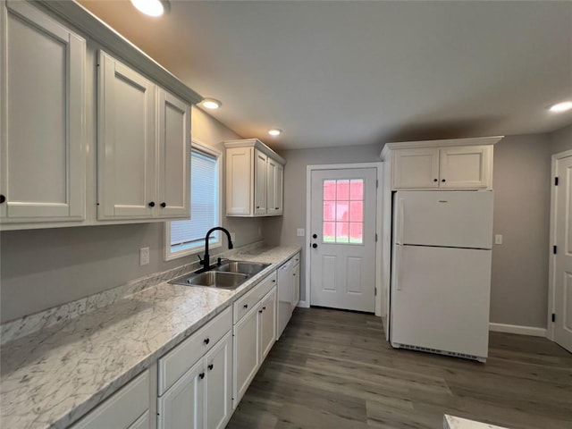 1574 Pine St, Woodhull, NY 14898 - kitchen featuring white appliances, dark wood-style floors, white cabinetry, and recessed lighting