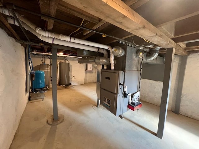 1574 Pine St, Woodhull, NY 14898 - unfinished basement featuring water heater, a water pressure tank, and heating unit