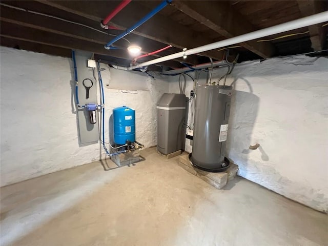 1574 Pine St, Woodhull, NY 14898 - unfinished below grade area with electric water heater, a water pressure tank, and a water softener system