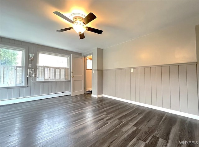 60 Waltham Ave, Lancaster, NY 14086 - unfurnished room with a baseboard heating unit, dark wood-style flooring, a ceiling fan, and a wainscoted wall