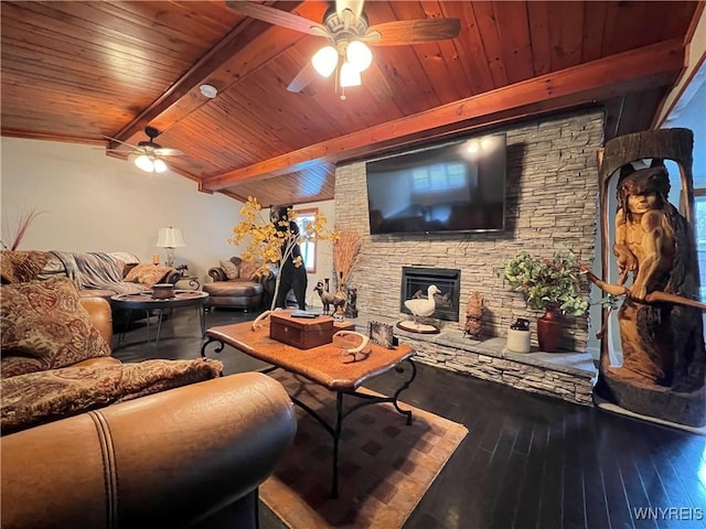 60 Waltham Ave, Lancaster, NY 14086 - living room with a ceiling fan, a wood ceiling with exposed beams, hardwood / wood-style flooring, and a stone fireplace