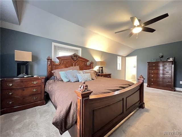 60 Waltham Ave, Lancaster, NY 14086 - bedroom featuring light colored carpet, lofted ceiling, ceiling fan, and connected bathroom