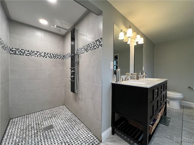 60 Waltham Ave, Lancaster, NY 14086 - full bathroom with double vanity, a walk in shower, tile patterned flooring, a chandelier, and recessed lighting