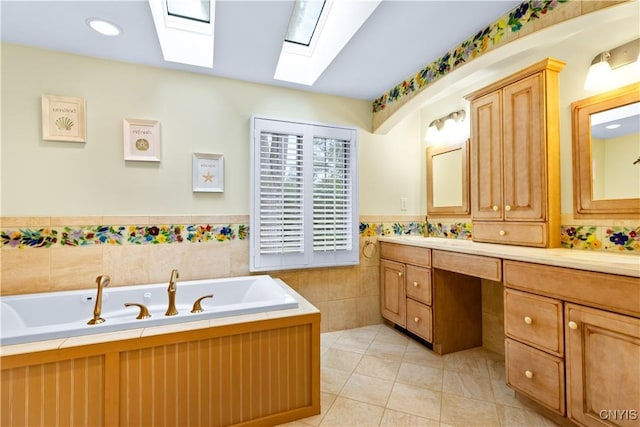5 Hingham Rd, Utica, NY 13501 - bathroom with double vanity, a skylight, a bath, tile walls, and a wainscoted wall