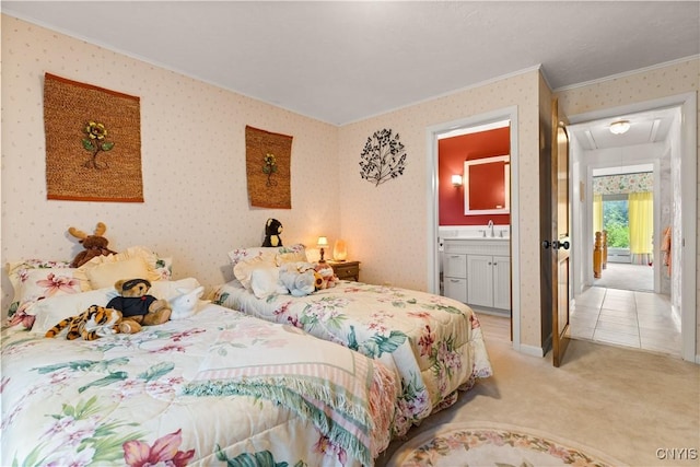 5 Hingham Rd, Utica, NY 13501 - bedroom featuring ornamental molding, attic access, light carpet, wallpapered walls, and ensuite bath