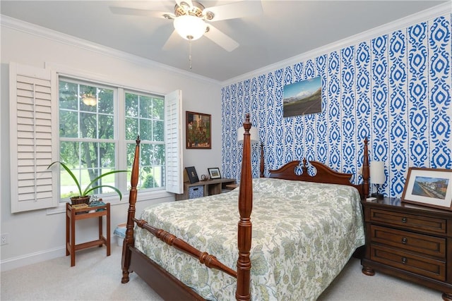 405 Greystone Dr, Horseheads, NY 14845 - bedroom with crown molding, carpet flooring, wallpapered walls, and a ceiling fan