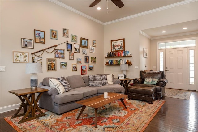 405 Greystone Dr, Horseheads, NY 14845 - living area featuring dark wood-style flooring, ornamental molding, a ceiling fan, and recessed lighting