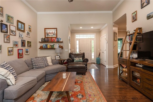 405 Greystone Dr, Horseheads, NY 14845 - living area featuring dark wood-style flooring and ornamental molding
